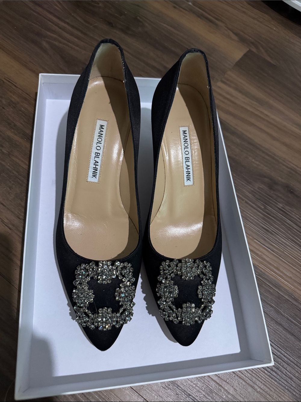 Manolo Blahnik Black Satin Pointed Toe Pumps with Crystal Embellishment